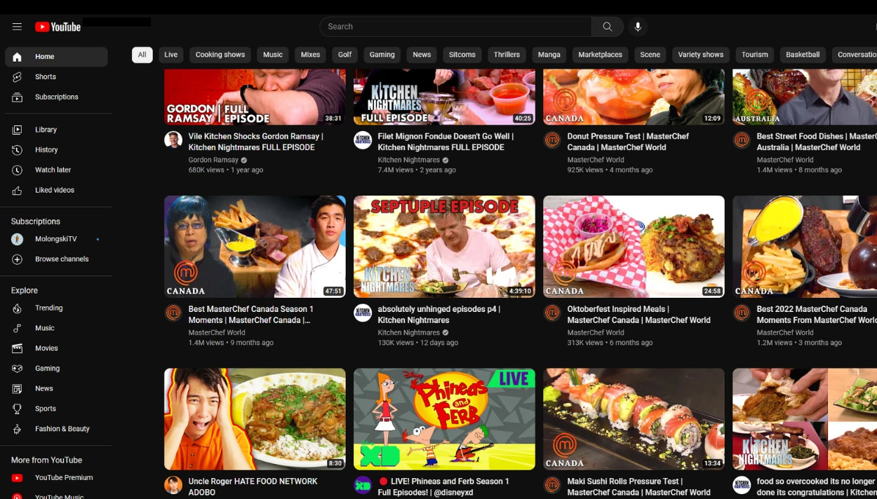 YouTube home page.