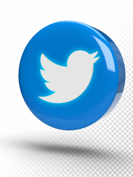 Glowing Twitter logo on a realistic 3D circle.