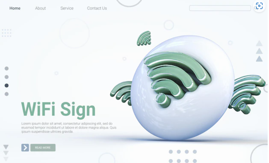 A 3D Wi-fi sign in a circle and some small Wi-fi icons around it. 