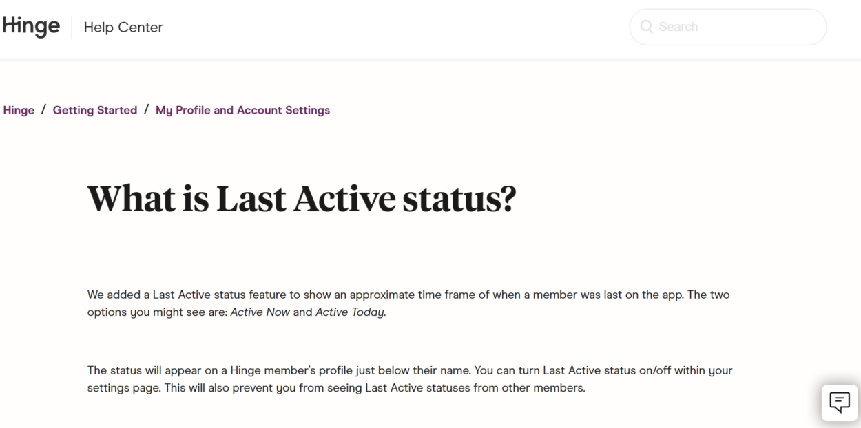 Hinge help center telling about last active status