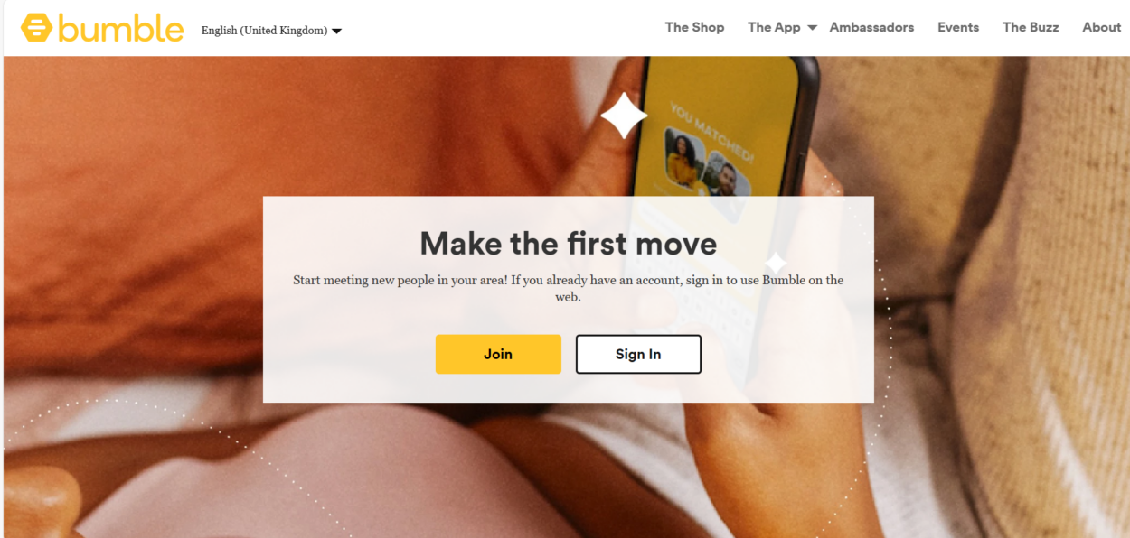 Bumble browser version prompting to join or sign in.