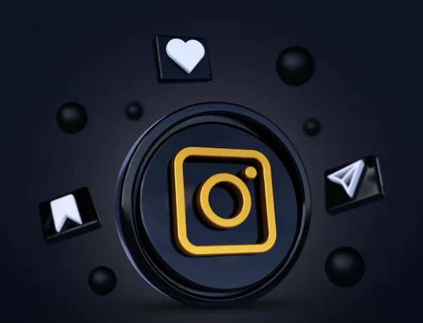 Black 3D Instagram logo with black balls and 3D Instagram icons surrounding it