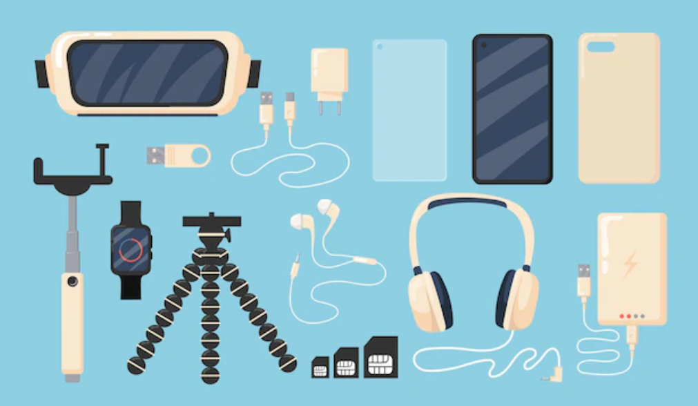 Multiple phone accessories like headphones, phone case, charging cord, etc. 