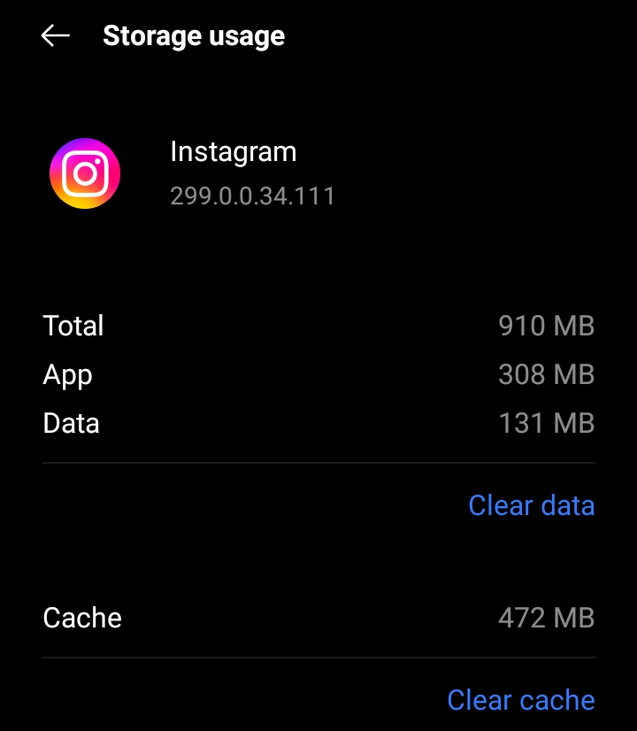 Storage information for instagram 