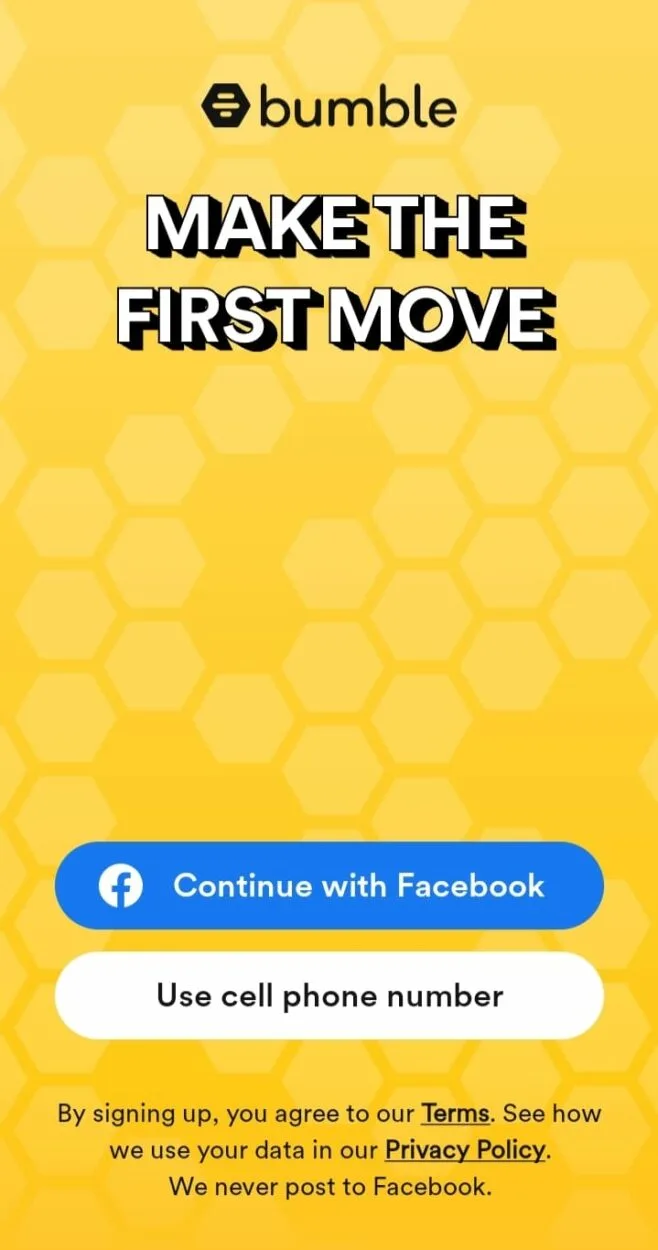 The first move in creating bumble account is to sign in through phone number or Facebook