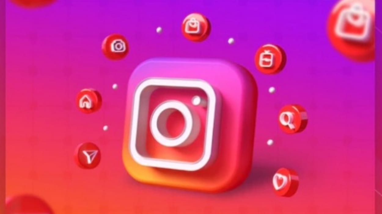 3D Instagram logo surrounded by circular Instagram icons.