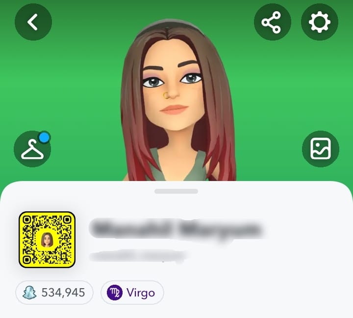 Snapchat Bitmoji, blurred name, 534,945 Snap Score, and Virgo zodiac sign.