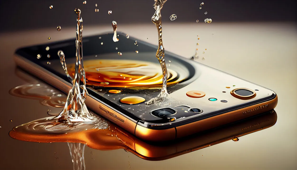 Water splashing on a phone with golden cover