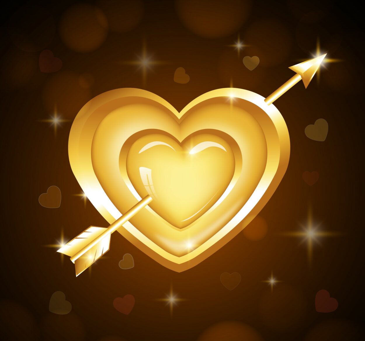 3D, golden heart and arrow with sparks and hearts in the background