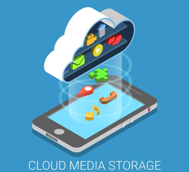 Cloud media storage on top of a phone illustrating all the things it can store