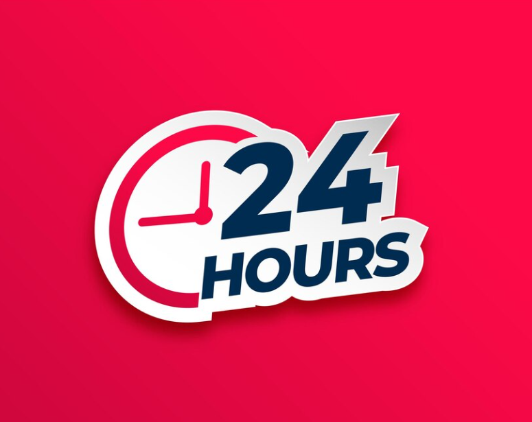 "24 HOURS" written with a half clock on a red background
