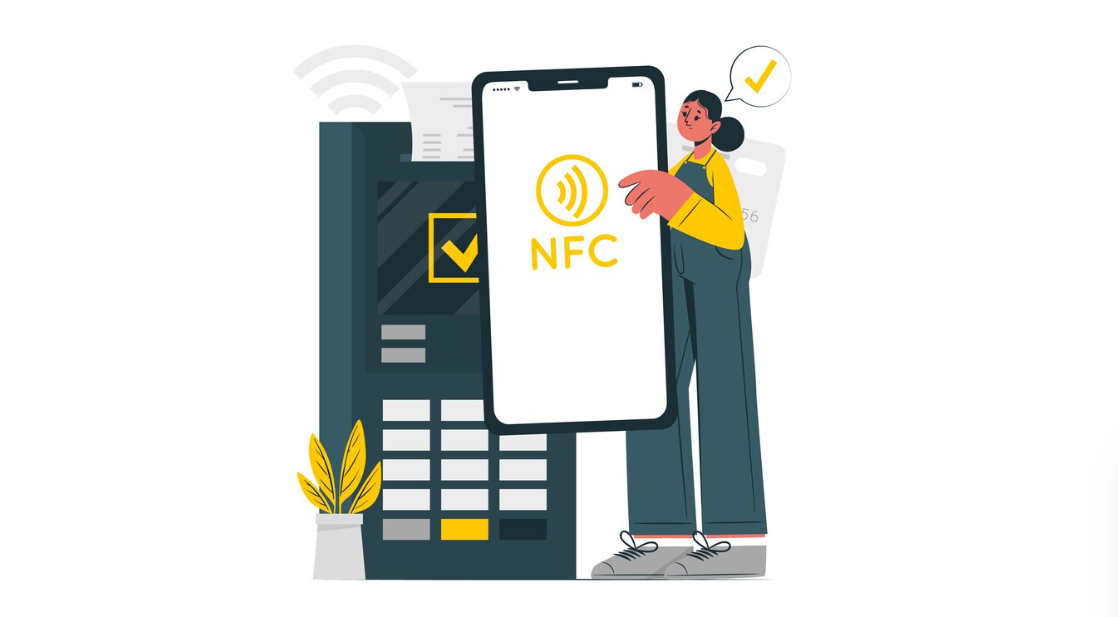 A girl holding a phone with NFC sign and using it to pay