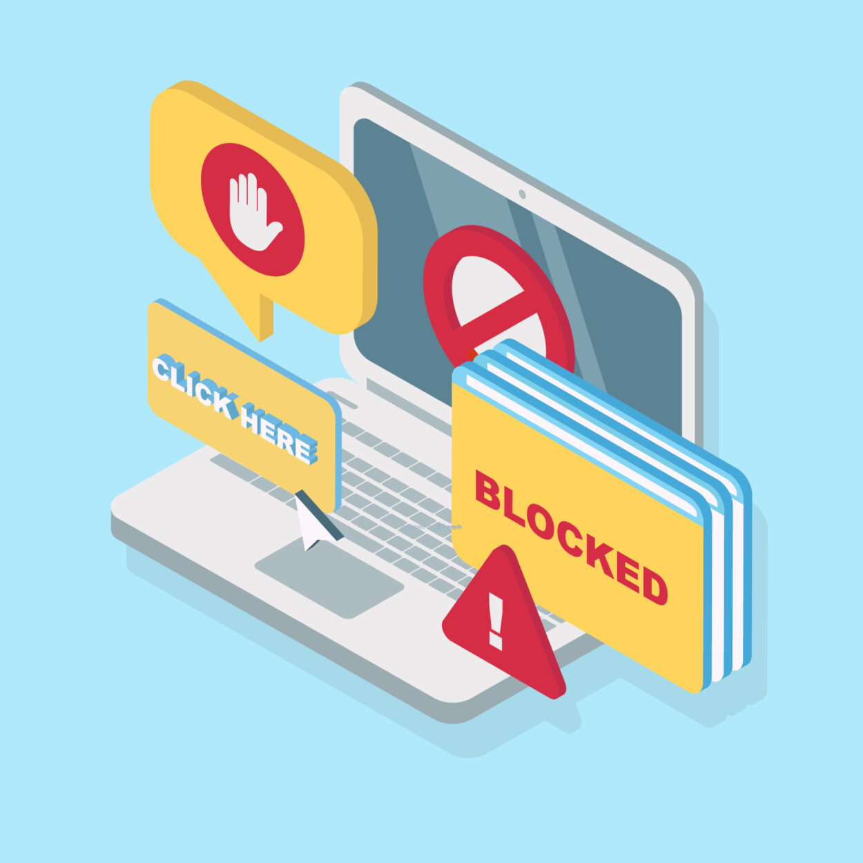 Click here and Blocked options and a laptop with a stop/blocked sign