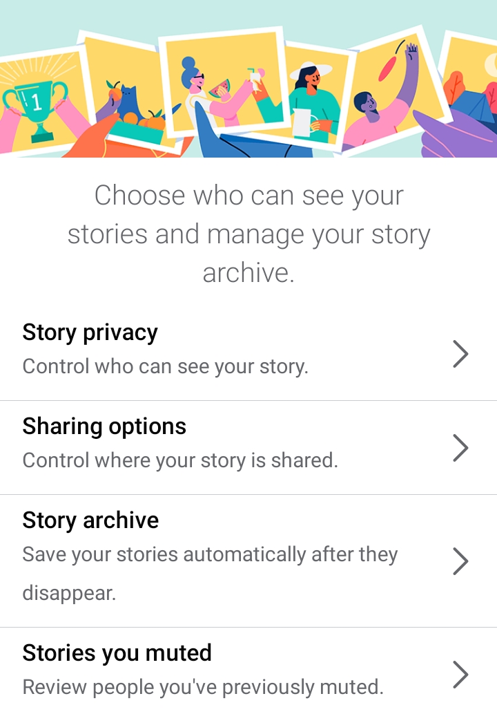 Story privacy | Sharing options | Story archive | Stories you muted