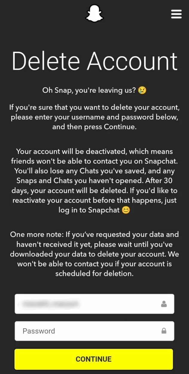 Consequences of deleting Snapchat account with the requirement of username and password.