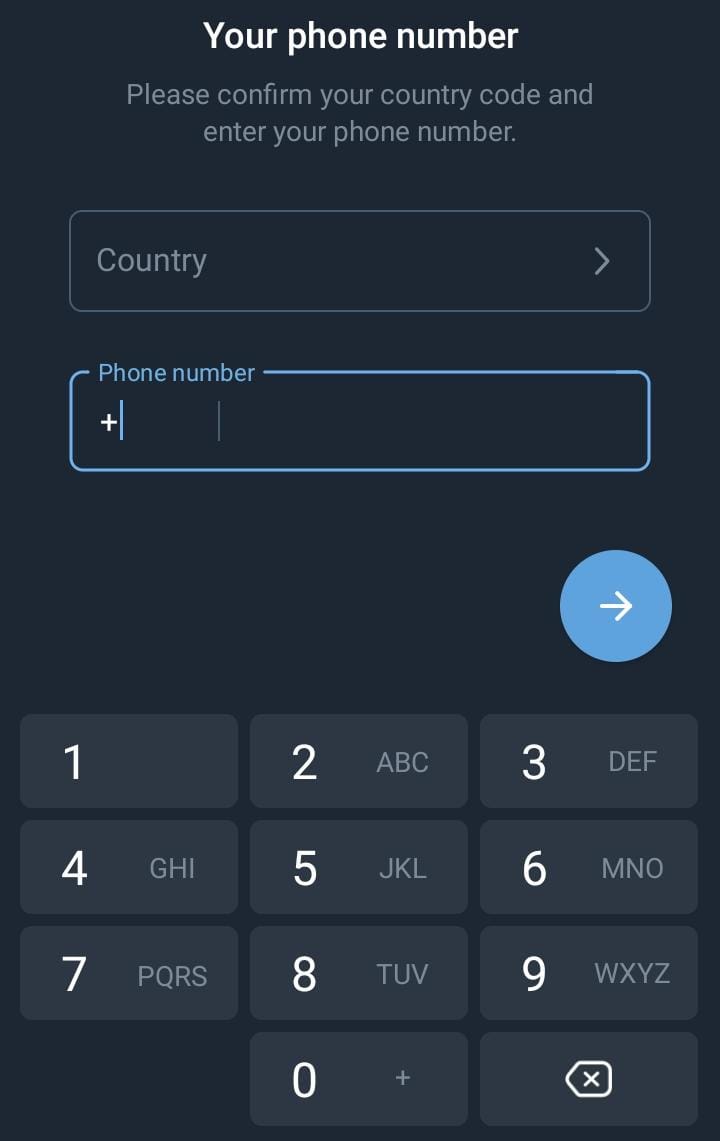 Confirm your country code and enter phone number to create Telegram account.