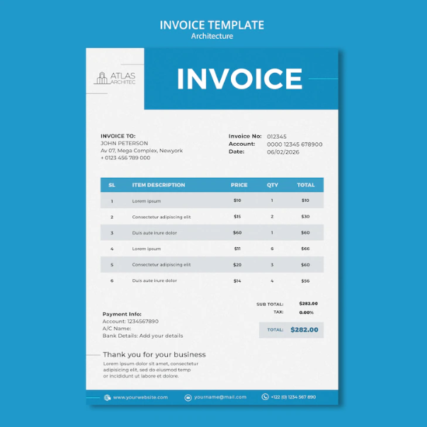 An invoice template on a blue background