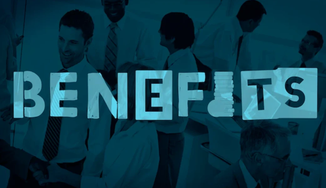 Benefits written with working men in the background