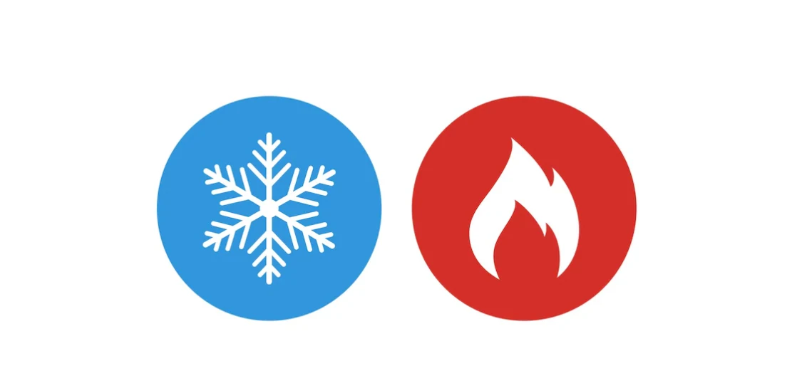 Snowflake in a blue circle to represent cold. Fire in a red circle to represent hot