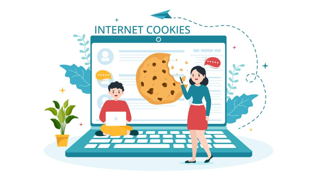 Two people uses their devices and a laptop in the background with internet cookies