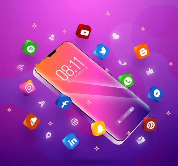 A mobile surrounded by various app icons on a purple background