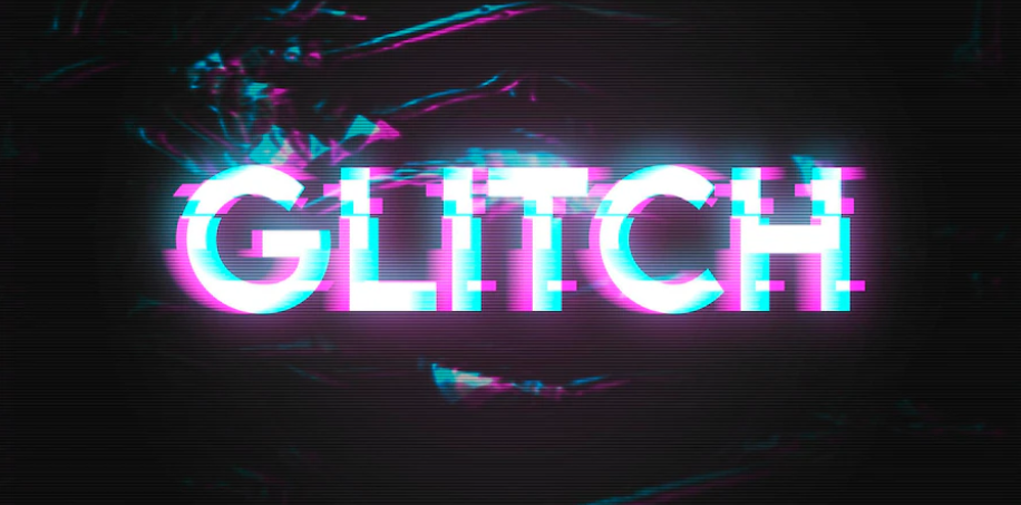 A blue, white, and pink glitchy effect used to write the word glitch