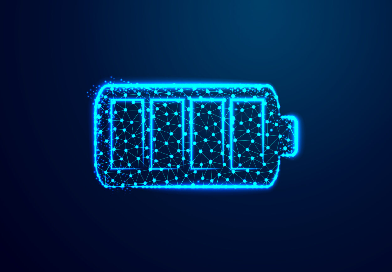 A battery showing that it is full charged with neon blue outlines and dots