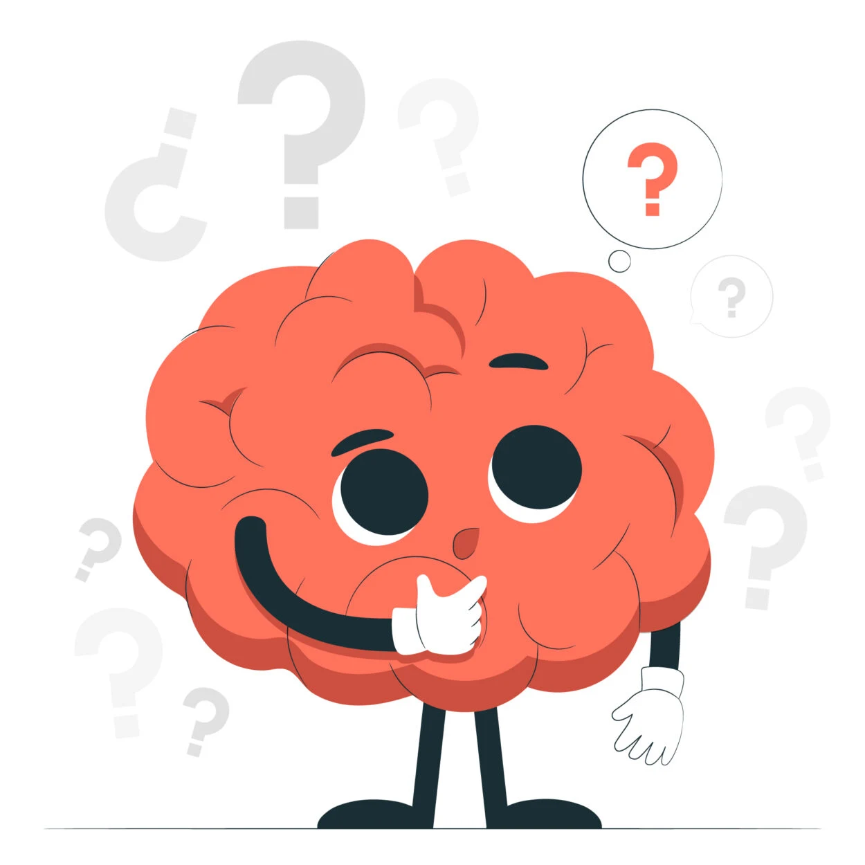 A brain wondering something with question marks in background