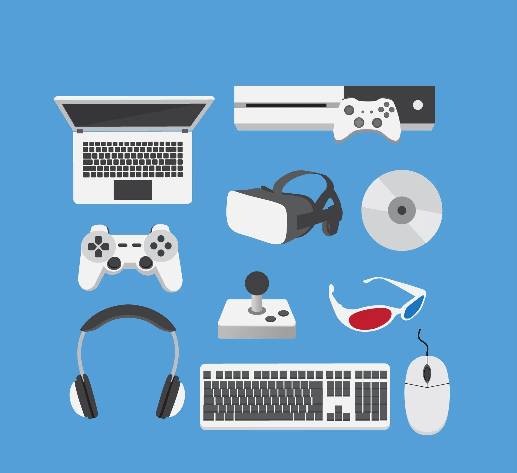 Multiple black and white gaming accessories on a blue background