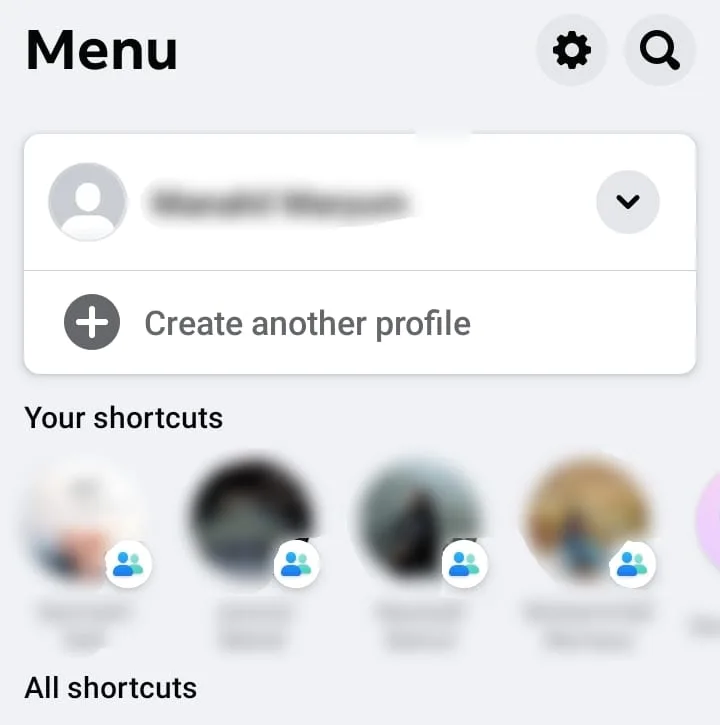 Menu with shortcuts, settings, search icon, and account name.