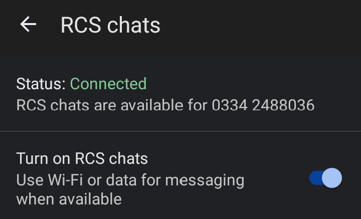 Turn on RCS chats option toggled on