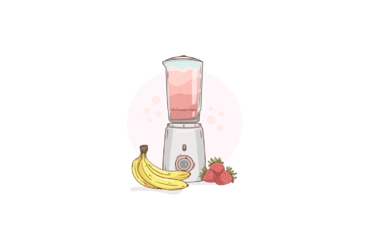 A blender with pink drink and fruits