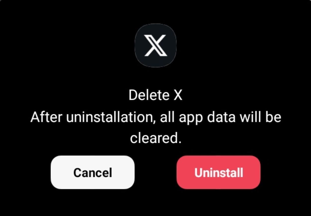 A prompt telling that after uninstalling the app, all data will be cleared