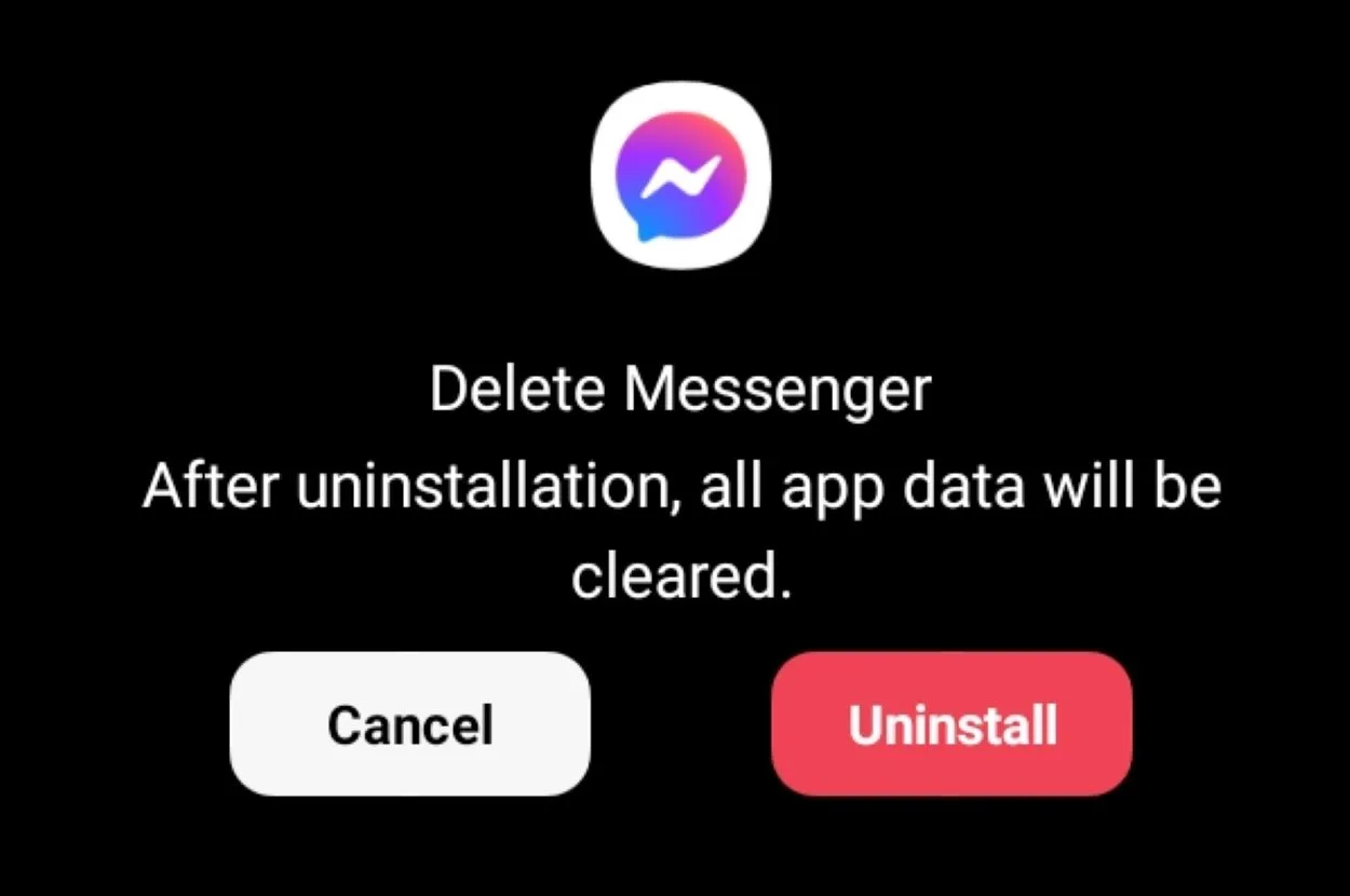 A prompt telling you that after uninstalling Messenger, all data will be cleared