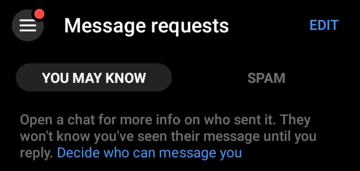 "You may know" and "Spam" section of message requests.