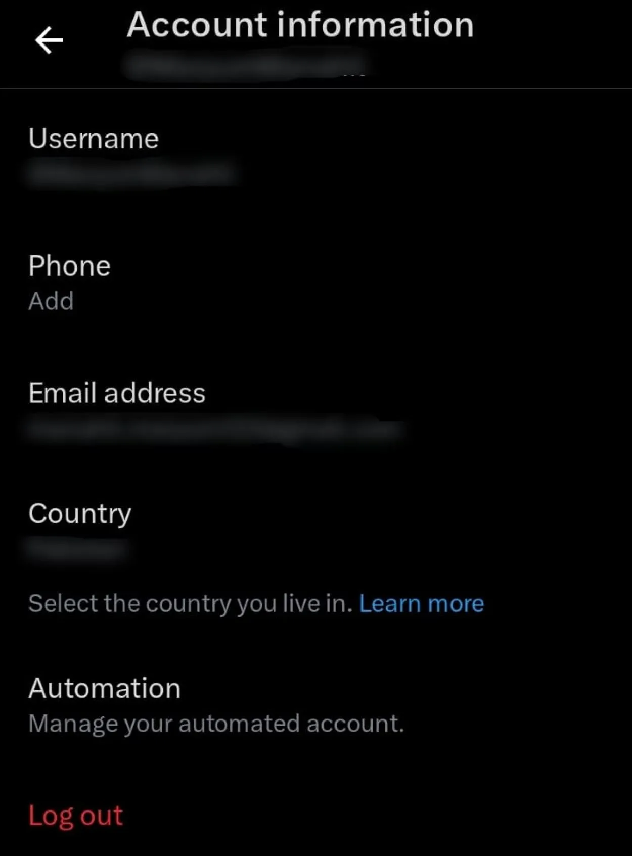 All account information including the option to log out.