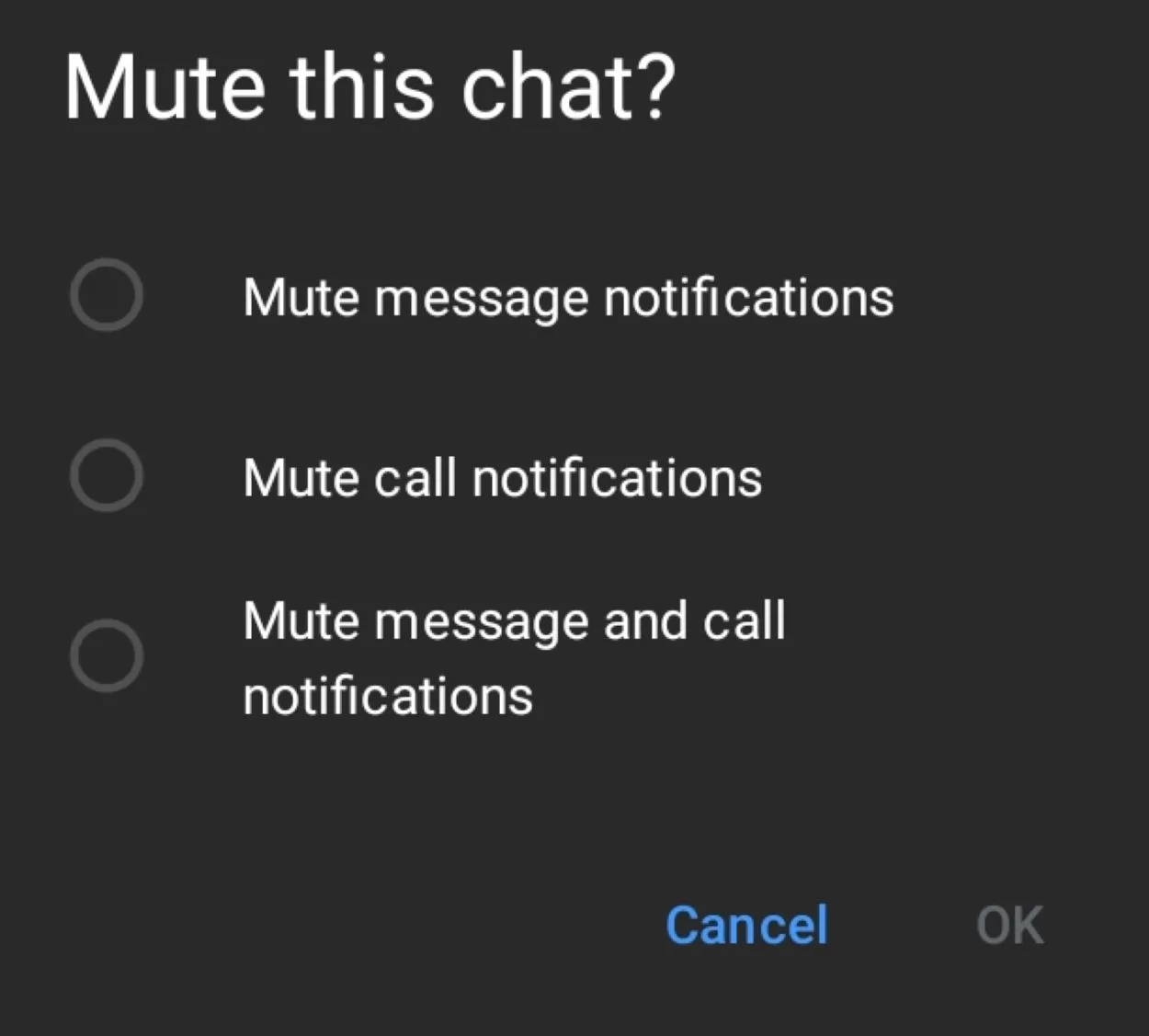 Options to either mute message notifications, call notifications, or both.
