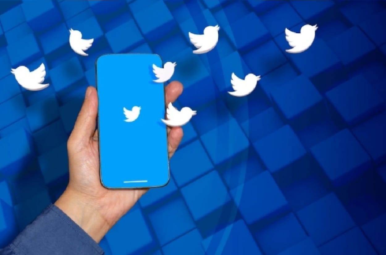 Twitter logo on a phone and white bird icons around it.