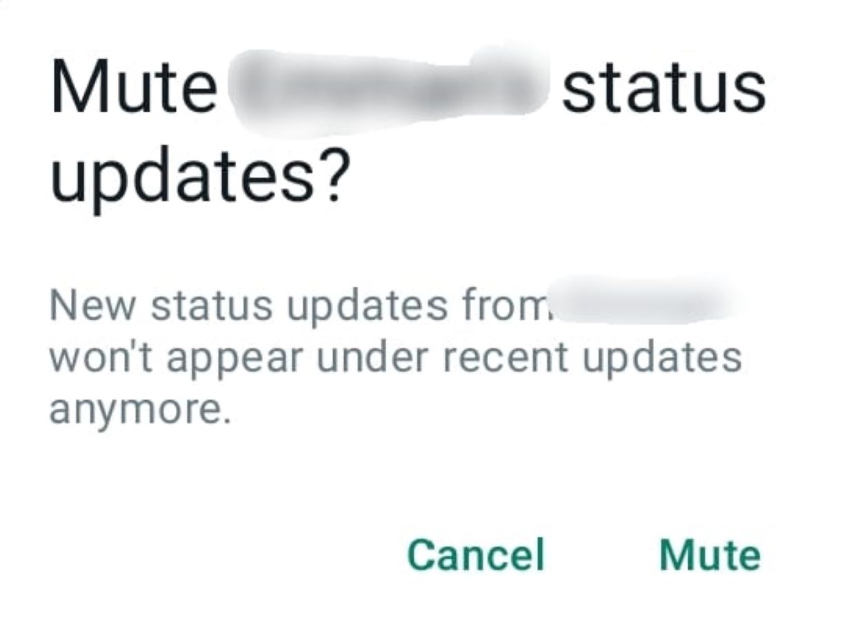 A prompt telling that new status updates from the muted person wont appear in recent updates.