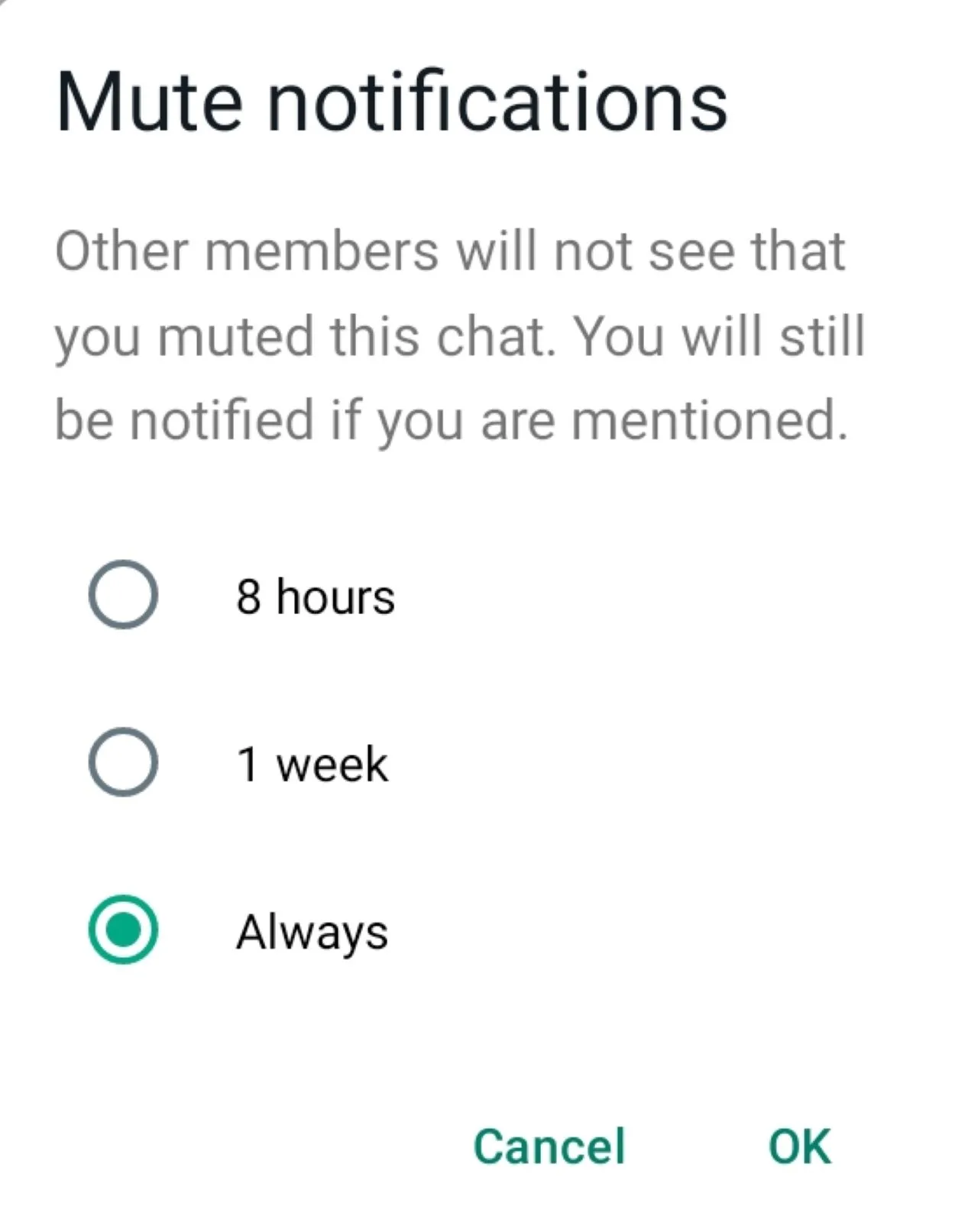 A prompt asking for how long would you want to mute the notifications.