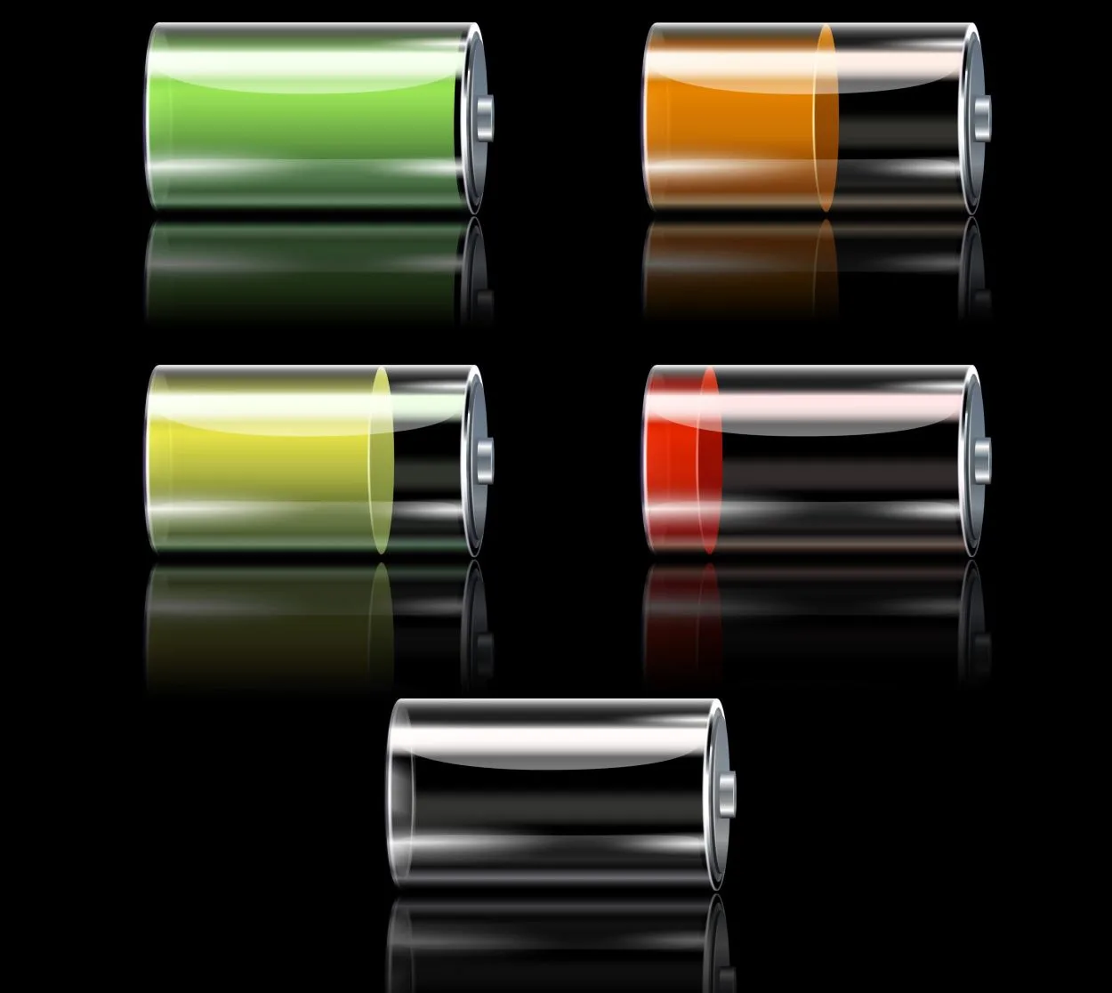 Five realistic batteries with battery drainage concept.
