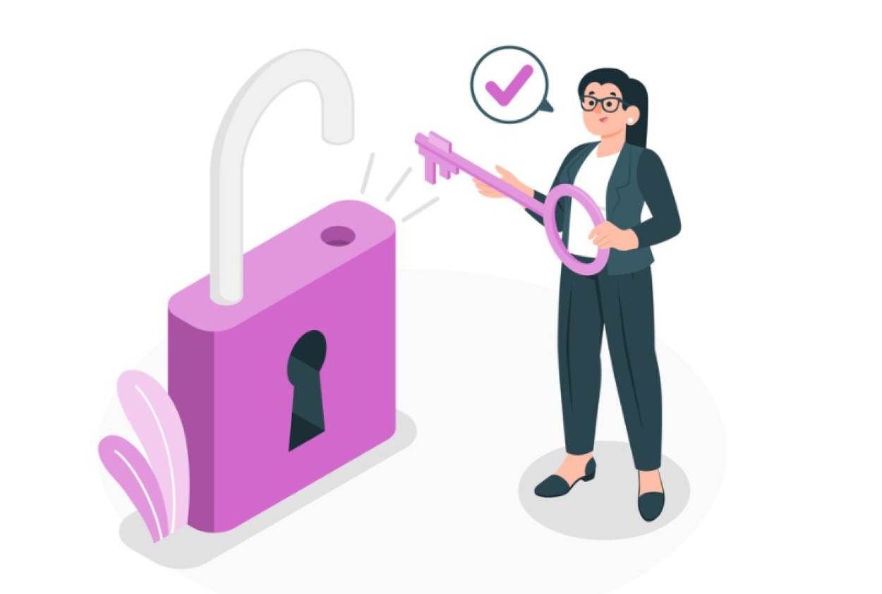 A girl using a purple key to unlock a purple lock.
